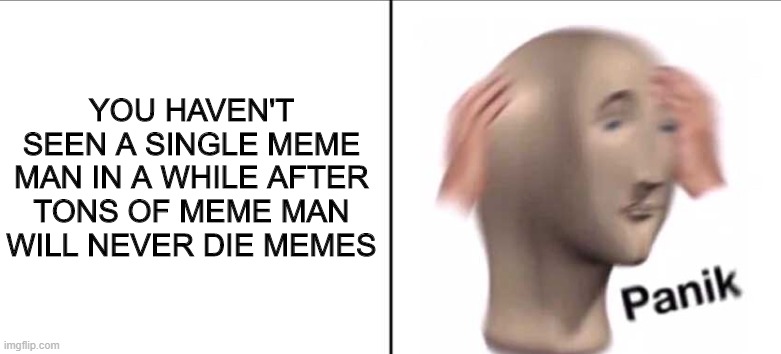 NOo, MEME MAN, DUNT DUY, KALL 166 | YOU HAVEN'T SEEN A SINGLE MEME MAN IN A WHILE AFTER TONS OF MEME MAN WILL NEVER DIE MEMES | image tagged in meme man | made w/ Imgflip meme maker