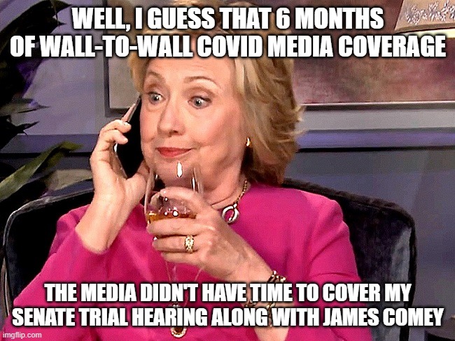 Ghislaine | WELL, I GUESS THAT 6 MONTHS OF WALL-TO-WALL COVID MEDIA COVERAGE; THE MEDIA DIDN'T HAVE TIME TO COVER MY SENATE TRIAL HEARING ALONG WITH JAMES COMEY | image tagged in ghislaine | made w/ Imgflip meme maker