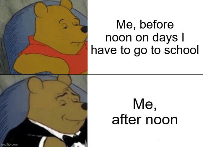 Tuxedo Winnie The Pooh | Me, before noon on days I have to go to school; Me, after noon | image tagged in memes,tuxedo winnie the pooh,school days,before and after,me | made w/ Imgflip meme maker