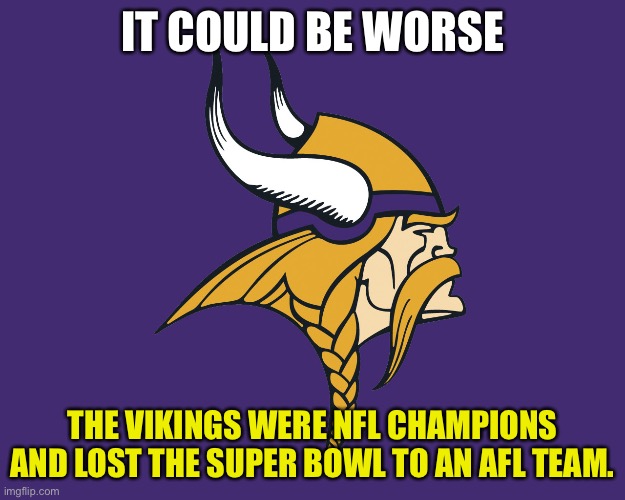 Minnesota Vikings | IT COULD BE WORSE THE VIKINGS WERE NFL CHAMPIONS AND LOST THE SUPER BOWL TO AN AFL TEAM. | image tagged in minnesota vikings | made w/ Imgflip meme maker