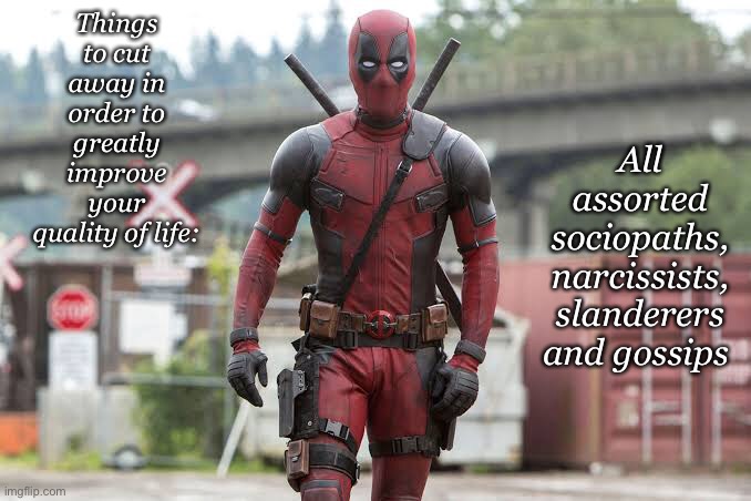Sociopaths and narcissists | Things to cut away in order to greatly improve your quality of life:; All assorted sociopaths, narcissists, slanderers and gossips | image tagged in deadpool | made w/ Imgflip meme maker