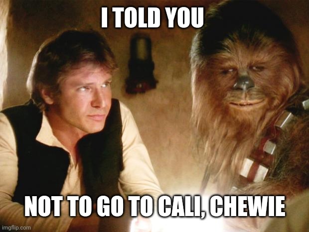 Han Solo Chewbacca | I TOLD YOU NOT TO GO TO CALI, CHEWIE | image tagged in han solo chewbacca | made w/ Imgflip meme maker