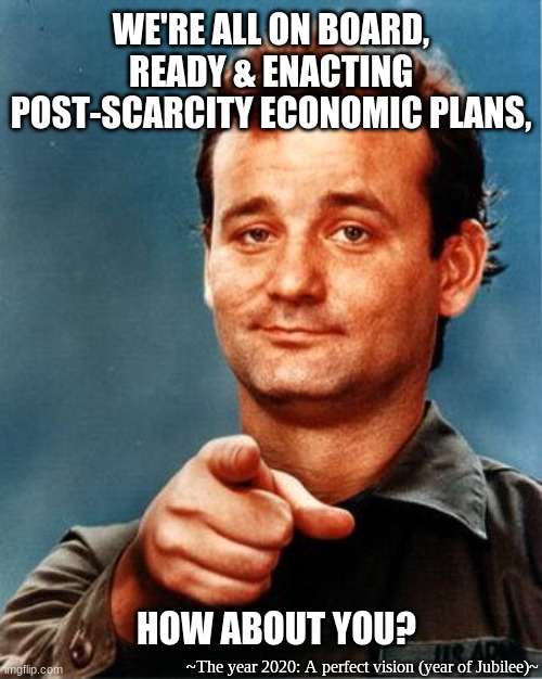 Bill Murray  | WE'RE ALL ON BOARD, READY & ENACTING POST-SCARCITY ECONOMIC PLANS, HOW ABOUT YOU? ~The year 2020: A perfect vision (year of Jubilee)~ | image tagged in post-scarcity,economic,reform,systems change,society,political correctness | made w/ Imgflip meme maker