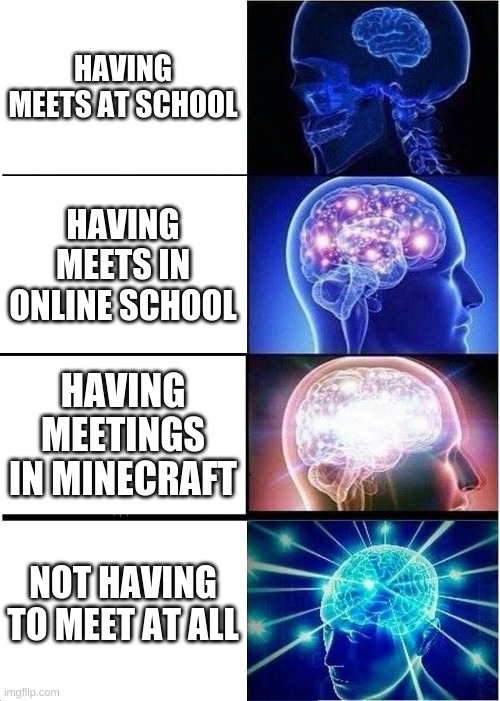 Expanding Brain Meme | HAVING MEETS AT SCHOOL; HAVING MEETS IN ONLINE SCHOOL; HAVING MEETINGS IN MINECRAFT; NOT HAVING TO MEET AT ALL | image tagged in memes,expanding brain | made w/ Imgflip meme maker
