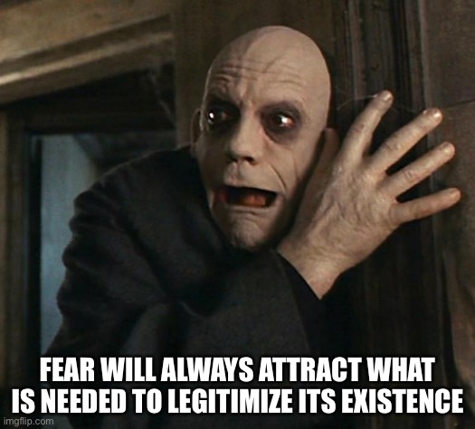 Legitimizing Fear | FEAR WILL ALWAYS ATTRACT WHAT IS NEEDED TO LEGITIMIZE ITS EXISTENCE | image tagged in fact fear fester,fear,no fear | made w/ Imgflip meme maker