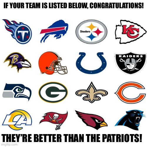 Better than the Cheatriots |  IF YOUR TEAM IS LISTED BELOW, CONGRATULATIONS! THEY’RE BETTER THAN THE PATRIOTS! | image tagged in memes,blank transparent square,nfl,nfl memes | made w/ Imgflip meme maker