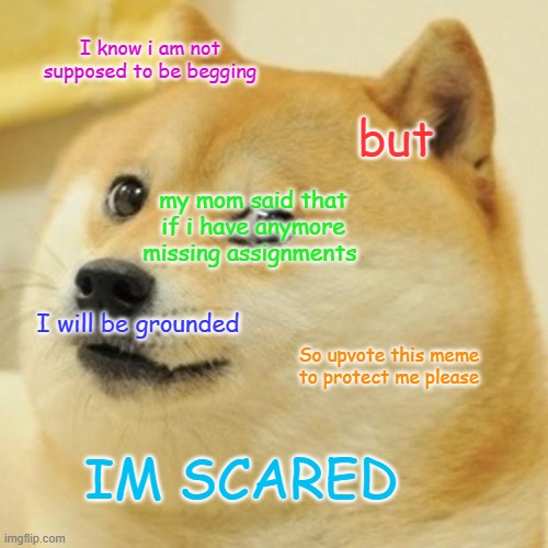 Missing assignments | I know i am not supposed to be begging; but; my mom said that if i have anymore missing assignments; I will be grounded; So upvote this meme to protect me please; IM SCARED | image tagged in memes,doge | made w/ Imgflip meme maker