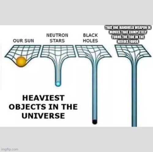 heaviest objects | THAT ONE HANDHELD WEAPON IN 
MOVIES THAT COMPLETELY 
TURNS THE TIDE IN THE 
HEROES FAVOR | image tagged in heaviest objects | made w/ Imgflip meme maker