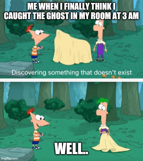 Discovering something that doesn't exist | ME WHEN I FINALLY THINK I CAUGHT THE GHOST IN MY ROOM AT 3 AM; WELL.. | image tagged in discovering something that doesn't exist,funny,3 am,meme,ghost,sleep deprivation creations | made w/ Imgflip meme maker