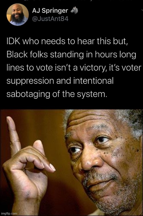 The ridiculously long early voting lines in Atlanta were shameful. | image tagged in this morgan freeman,voter suppression of blacks,voter fraud,elections,rigged elections,2020 elections | made w/ Imgflip meme maker
