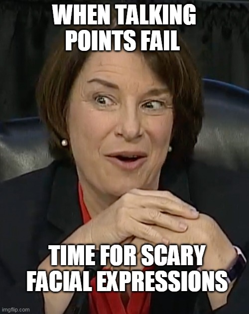 Senator scary | WHEN TALKING POINTS FAIL; TIME FOR SCARY FACIAL EXPRESSIONS | image tagged in u s senator amy klobuchar,supreme court of the united states scotus,supreme court,scotus | made w/ Imgflip meme maker