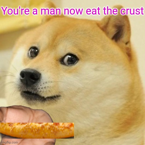 I allways eat the crust | You're a man now eat the crust | image tagged in memes,doge,funny,pizza | made w/ Imgflip meme maker