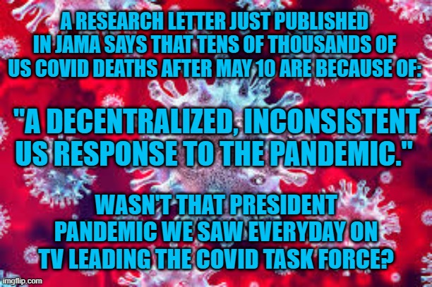 Talk About An October Surprise! | A RESEARCH LETTER JUST PUBLISHED IN JAMA SAYS THAT TENS OF THOUSANDS OF US COVID DEATHS AFTER MAY 10 ARE BECAUSE OF:; "A DECENTRALIZED, INCONSISTENT US RESPONSE TO THE PANDEMIC."; WASN'T THAT PRESIDENT PANDEMIC WE SAW EVERYDAY ON TV LEADING THE COVID TASK FORCE? | image tagged in politics | made w/ Imgflip meme maker