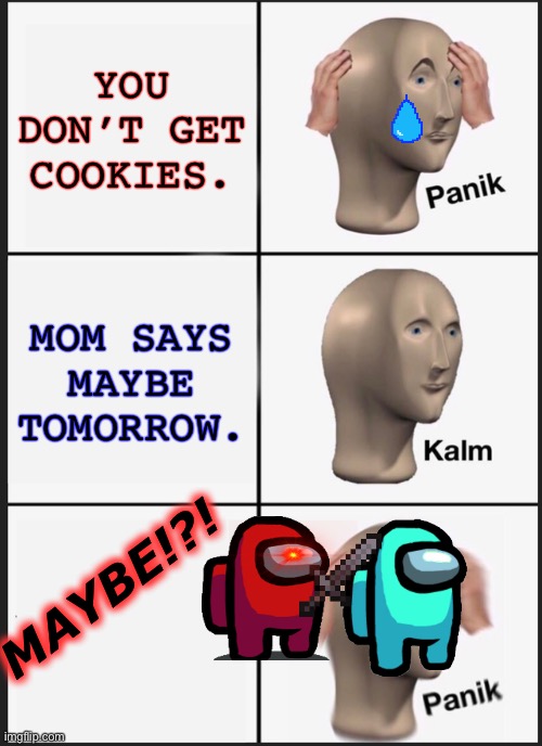 NO COOKIES!?! | YOU DON’T GET COOKIES. MOM SAYS MAYBE TOMORROW. MAYBE!?! | image tagged in memes,panik kalm panik | made w/ Imgflip meme maker