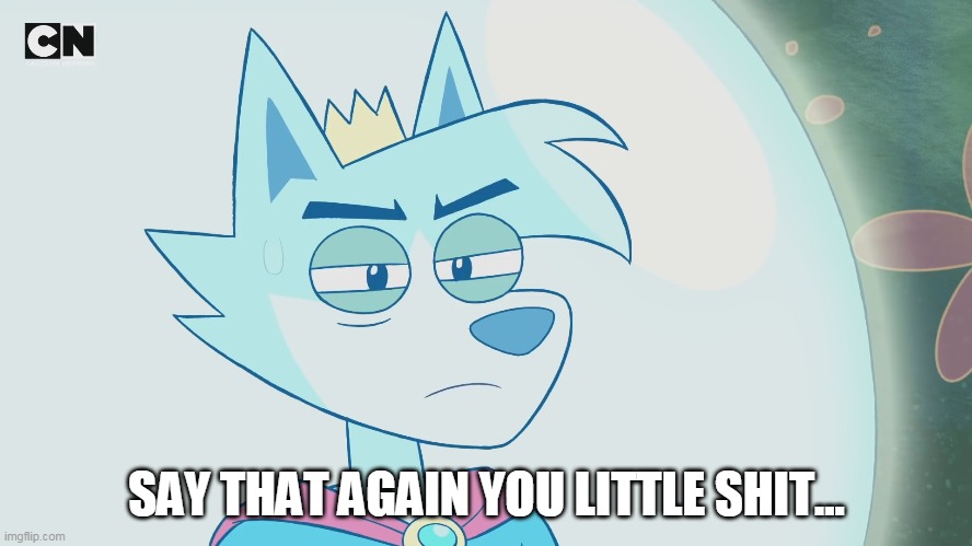 The Prince does not put up with BullShit | SAY THAT AGAIN YOU LITTLE SHIT... | image tagged in trickmoon,cartoon network,anthropomorphisms,reaction,angry,wolf | made w/ Imgflip meme maker