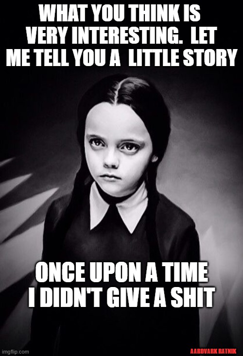 Once I didn't give a | WHAT YOU THINK IS  VERY INTERESTING.  LET ME TELL YOU A  LITTLE STORY; ONCE UPON A TIME I DIDN'T GIVE A SHIT; AARDVARK RATNIK | image tagged in funny memes,wednesday addams | made w/ Imgflip meme maker