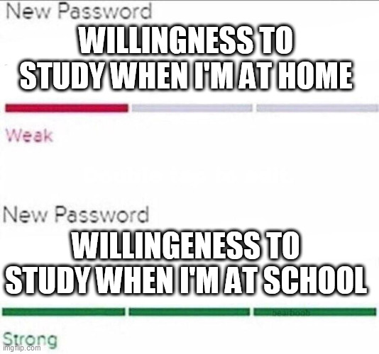 My Meme of School #14 |  WILLINGNESS TO STUDY WHEN I'M AT HOME; WILLINGENESS TO STUDY WHEN I'M AT SCHOOL | image tagged in password strength | made w/ Imgflip meme maker