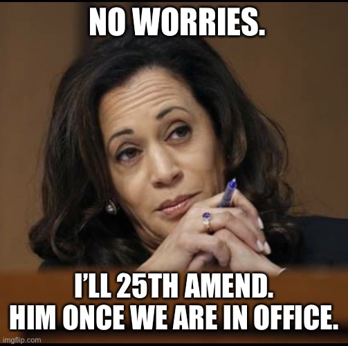Kamala Harris  | NO WORRIES. I’LL 25TH AMEND. HIM ONCE WE ARE IN OFFICE. | image tagged in kamala harris | made w/ Imgflip meme maker