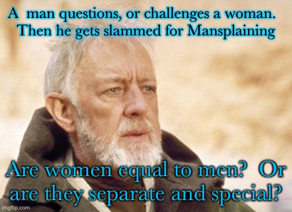 Obi Wan Kenobi Meme | A  man questions, or challenges a woman.  
Then he gets slammed for Mansplaining; Are women equal to men?  Or are they separate and special? | image tagged in memes,obi wan kenobi | made w/ Imgflip meme maker