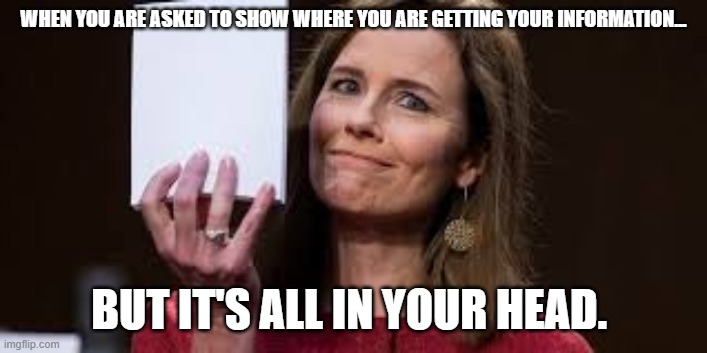 Amy | WHEN YOU ARE ASKED TO SHOW WHERE YOU ARE GETTING YOUR INFORMATION... BUT IT'S ALL IN YOUR HEAD. | image tagged in scotus | made w/ Imgflip meme maker