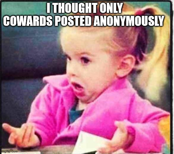 Confused Girl | I THOUGHT ONLY COWARDS POSTED ANONYMOUSLY | image tagged in confused girl | made w/ Imgflip meme maker