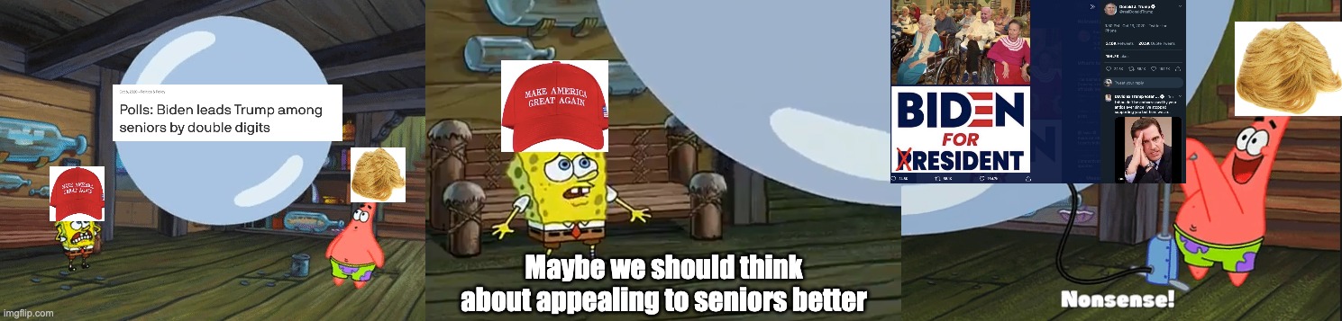 Nonsense! Spongebob and Patrick and the Paint Bubble | Maybe we should think about appealing to seniors better | image tagged in nonsense spongebob and patrick and the paint bubble | made w/ Imgflip meme maker