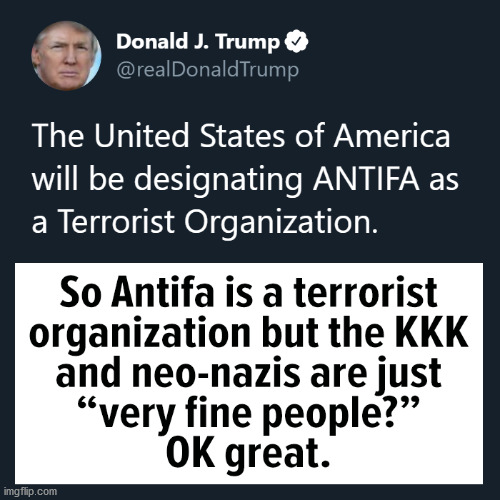Can someone explain why tRUMPf has not designated these groups as terrorist organizations? | image tagged in antifa,blm,kkk,white supremacists | made w/ Imgflip meme maker