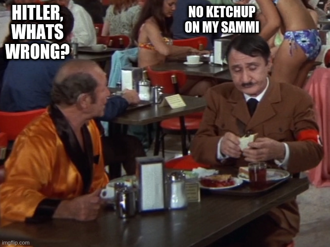 asshole | NO KETCHUP ON MY SAMMI; HITLER, WHATS WRONG? | image tagged in asshole | made w/ Imgflip meme maker