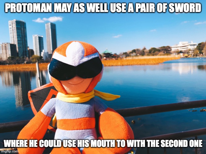 Protoman Plush | PROTOMAN MAY AS WELL USE A PAIR OF SWORD; WHERE HE COULD USE HIS MOUTH TO WITH THE SECOND ONE | image tagged in protoman,megaman,plush,memes | made w/ Imgflip meme maker