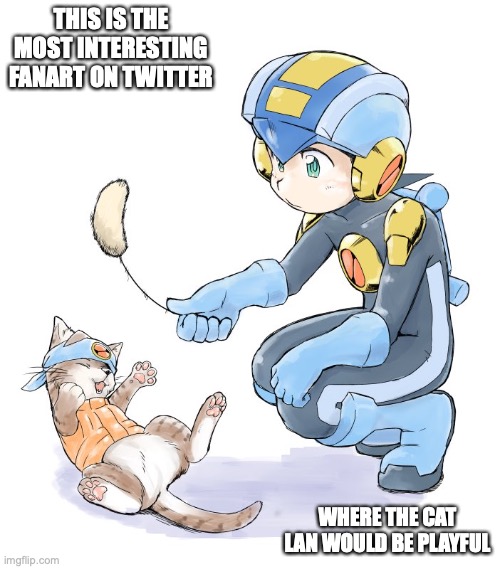 Megaman.EXE With Cat Lan | THIS IS THE MOST INTERESTING FANART ON TWITTER; WHERE THE CAT LAN WOULD BE PLAYFUL | image tagged in lan hikari,megaman battle network,megaman,memes,megamanexe | made w/ Imgflip meme maker