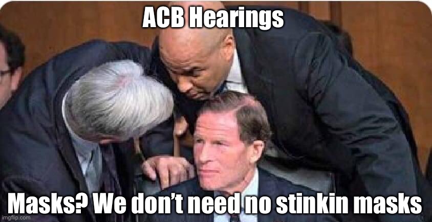 Masks for thee, but not for me | ACB Hearings; Masks? We don’t need no stinkin masks | image tagged in covidiots,hypocrites | made w/ Imgflip meme maker