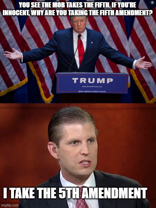 YOU SEE THE MOB TAKES THE FIFTH. IF YOU’RE INNOCENT, WHY ARE YOU TAKING THE FIFTH AMENDMENT? I TAKE THE 5TH AMENDMENT | image tagged in donald trump,eric trump | made w/ Imgflip meme maker