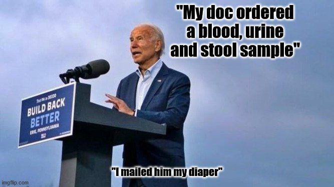 BIDEN CRAPS HIMSELF | "My doc ordered a blood, urine and stool sample"; "I mailed him my diaper" | image tagged in biden,gaffes | made w/ Imgflip meme maker