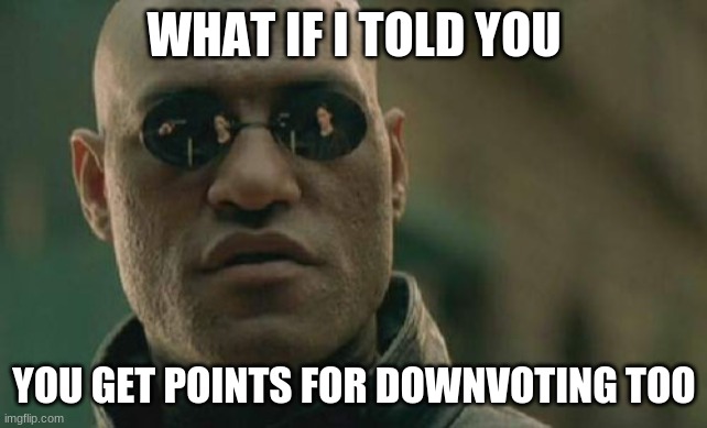 Matrix Morpheus Meme | WHAT IF I TOLD YOU YOU GET POINTS FOR DOWNVOTING TOO | image tagged in memes,matrix morpheus | made w/ Imgflip meme maker