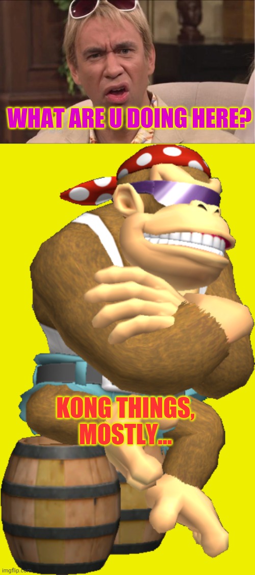 WHAT ARE U DOING HERE? KONG THINGS, MOSTLY... | image tagged in what are you doing here | made w/ Imgflip meme maker