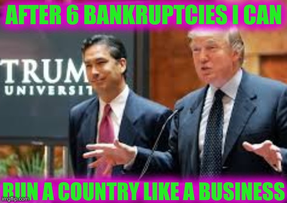 run the country like a business |  AFTER 6 BANKRUPTCIES I CAN; RUN A COUNTRY LIKE A BUSINESS | image tagged in trump university cropped,trump bankruptcy,run a country like a business,conservative logic,trump 2020 | made w/ Imgflip meme maker