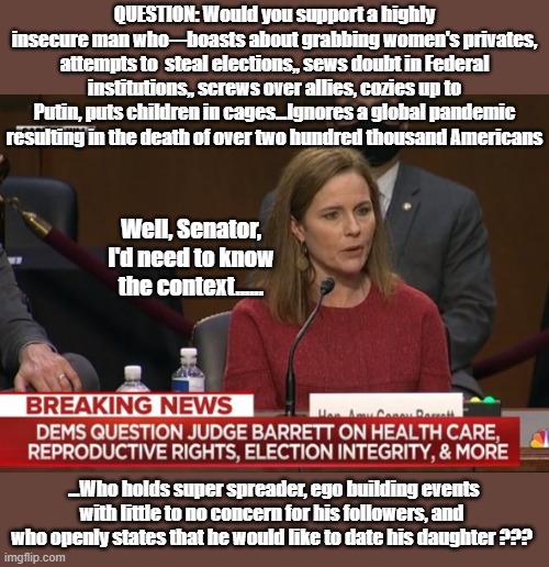 I'm sure the President has a good explanation ... | QUESTION: Would you support a highly insecure man who---boasts about grabbing women's privates, attempts to  steal elections,, sews doubt in Federal institutions,, screws over allies, cozies up to Putin, puts children in cages...Ignores a global pandemic resulting in the death of over two hundred thousand Americans; Well, Senator, I'd need to know the context...... ...Who holds super spreader, ego building events with little to no concern for his followers, and who openly states that he would like to date his daughter ??? | image tagged in supreme court,trump is a moron,donald trump is an idiot,election fraud | made w/ Imgflip meme maker