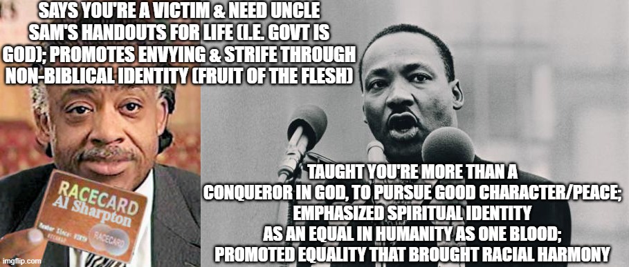 DIFFERENT FRUIT, DIFFERENT TREES ~ SEE UNCLETOM.COM FOR MORE STATS... | SAYS YOU'RE A VICTIM & NEED UNCLE SAM'S HANDOUTS FOR LIFE (I.E. GOVT IS GOD); PROMOTES ENVYING & STRIFE THROUGH NON-BIBLICAL IDENTITY (FRUIT OF THE FLESH); TAUGHT YOU'RE MORE THAN A CONQUEROR IN GOD, TO PURSUE GOOD CHARACTER/PEACE; EMPHASIZED SPIRITUAL IDENTITY AS AN EQUAL IN HUMANITY AS ONE BLOOD; PROMOTED EQUALITY THAT BROUGHT RACIAL HARMONY | image tagged in mlk jr i have a dream,al sharpton race card,blm,trump,identity politics,vote 2020 | made w/ Imgflip meme maker