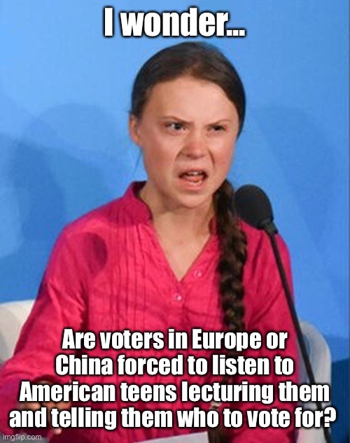 Greta dares you to vote for Trump, and suffer her anger! | I wonder... Are voters in Europe or China forced to listen to American teens lecturing them and telling them who to vote for? | image tagged in greta thunberg how dare you,donald trump,nevertrump,democratic socialism,communist | made w/ Imgflip meme maker