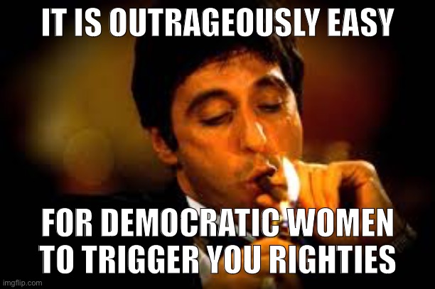 When the butthurt over Democratic female facial expressions continues | IT IS OUTRAGEOUSLY EASY FOR DEMOCRATIC WOMEN TO TRIGGER YOU RIGHTIES | image tagged in al pacino cigar | made w/ Imgflip meme maker