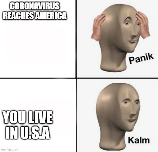 panik kalm | CORONAVIRUS REACHES AMERICA; YOU LIVE IN U.S.A | image tagged in panik kalm | made w/ Imgflip meme maker