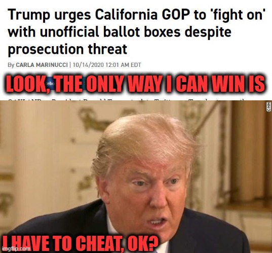 Is America going to allow another rigged election? | LOOK, THE ONLY WAY I CAN WIN IS; I HAVE TO CHEAT, OK? | image tagged in memes,politics,corruption,impeach trump,maga,national security | made w/ Imgflip meme maker