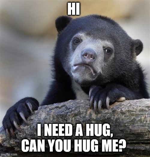 plz | HI; I NEED A HUG, CAN YOU HUG ME? | image tagged in memes,confession bear | made w/ Imgflip meme maker