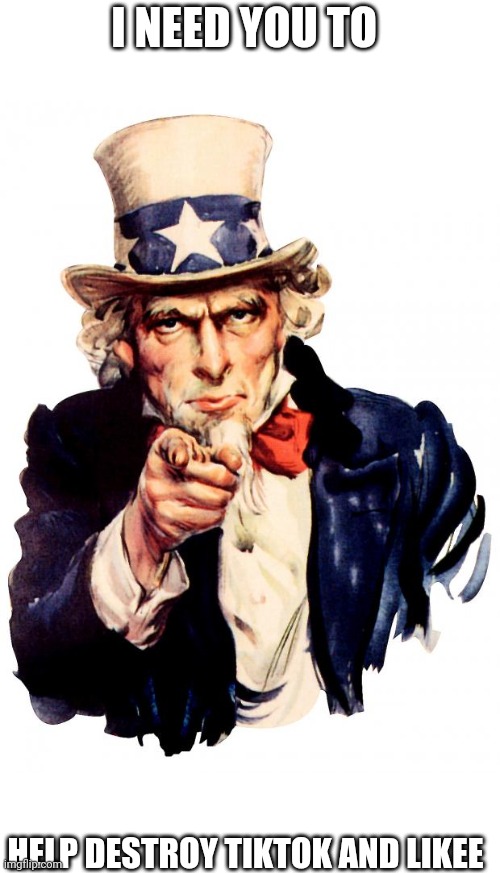 Uncle Sam Meme | I NEED YOU TO; HELP DESTROY TIKTOK AND LIKEE | image tagged in memes,uncle sam | made w/ Imgflip meme maker