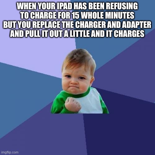 Success Kid Meme | WHEN YOUR IPAD HAS BEEN REFUSING TO CHARGE FOR 15 WHOLE MINUTES BUT YOU REPLACE THE CHARGER AND ADAPTER AND PULL IT OUT A LITTLE AND IT CHARGES | image tagged in memes,success kid | made w/ Imgflip meme maker