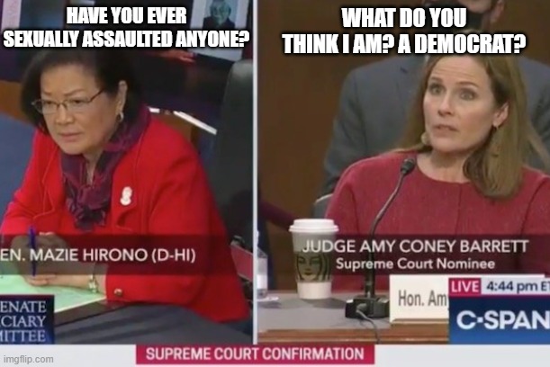 Hirono  is a joke | HAVE YOU EVER SEXUALLY ASSAULTED ANYONE? WHAT DO YOU THINK I AM? A DEMOCRAT? | image tagged in hirono hams for the cameras | made w/ Imgflip meme maker