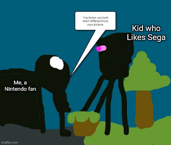 No, We Just have diffrent game companies. | Kid who Likes Sega; Me, a Nintendo fan | image tagged in a hell valley sky tree meets an enderman | made w/ Imgflip meme maker