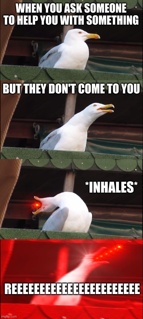 Inhaling Seagull Meme | WHEN YOU ASK SOMEONE TO HELP YOU WITH SOMETHING; BUT THEY DON'T COME TO YOU; *INHALES*; REEEEEEEEEEEEEEEEEEEEEEE | image tagged in memes,inhaling seagull | made w/ Imgflip meme maker