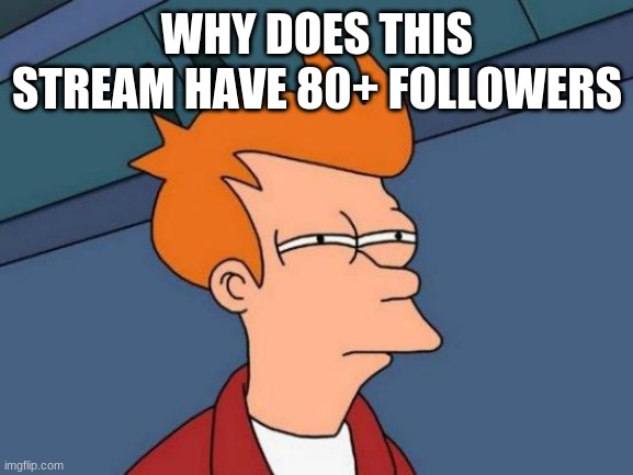 Futurama Fry | WHY DOES THIS STREAM HAVE 80+ FOLLOWERS | image tagged in memes,futurama fry | made w/ Imgflip meme maker