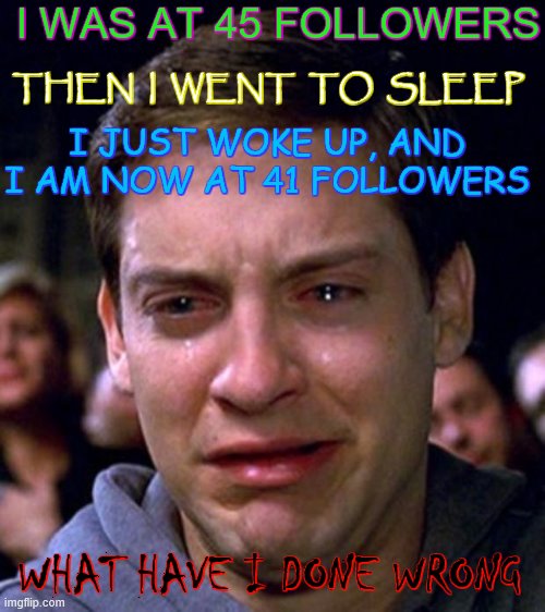 lol i wonder how that happened. How tf did i lose 4 peeps in only 6 hours? | I WAS AT 45 FOLLOWERS; THEN  I  WENT  TO  SLEEP; I JUST WOKE UP, AND I AM NOW AT 41 FOLLOWERS; WHAT HAVE I DONE WRONG | image tagged in crying peter parker,followers | made w/ Imgflip meme maker